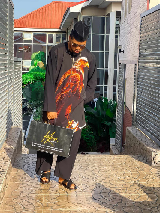 THE SILKY BLACK ASA KAFTAN &  TROUSER COMBO